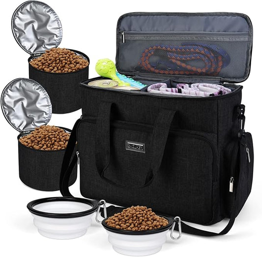 BAGLHER Dog Travel Bag, Airline Approved Pet Tote Organizer with Multi-Function Pockets, 2 X Food Storage Containers and 2 X Collapsible Bowls, Perfect Weekend Pet Travel Set for Dog, Cat Black