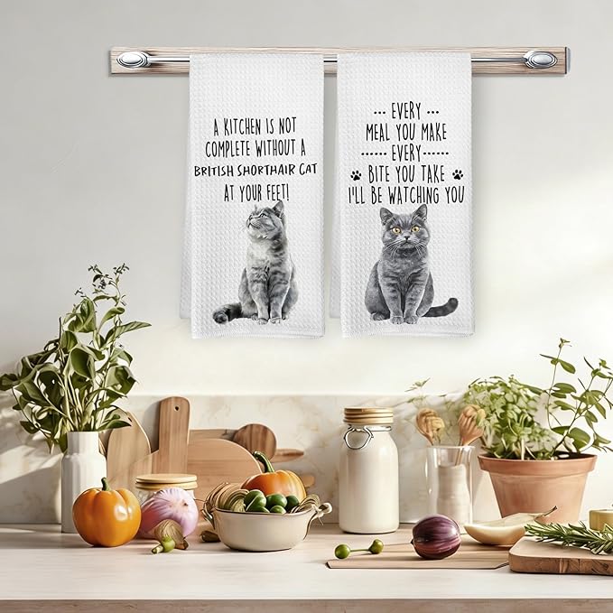 Funny British Shorthair Cat Kitchen Towels, British Shorthair Cat Mom Lady Lovers Gifts for Women Hand Towels, Pet Lover Gifts Dishcloths Dish Towel for Kitchen 16x24 Inches Set of 2