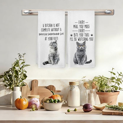 Funny British Shorthair Cat Kitchen Towels, British Shorthair Cat Mom Lady Lovers Gifts for Women Hand Towels, Pet Lover Gifts Dishcloths Dish Towel for Kitchen 16x24 Inches Set of 2