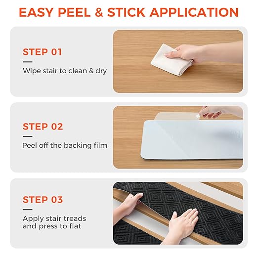 BAGAIL 15 Pack Non-Slip Stair Treads for Wooden Steps, 8"x30" Peel and Stick Carpet Stair Runners, Machine Washable Indoor Step Covers with No-Residue Adhesive for Dogs, Kids & Elderly - Black