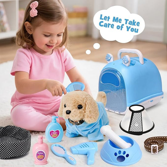 14pcs Robot Dog Toys for Kids Girls Boys 3-6, Realistic Electronic Interactive Plush Toy Dog with Walk & Bark, Pretend Play Puppy Pet Care Playset, 3 4 5 6 Year Old Girl Birthday Gift Ideas
