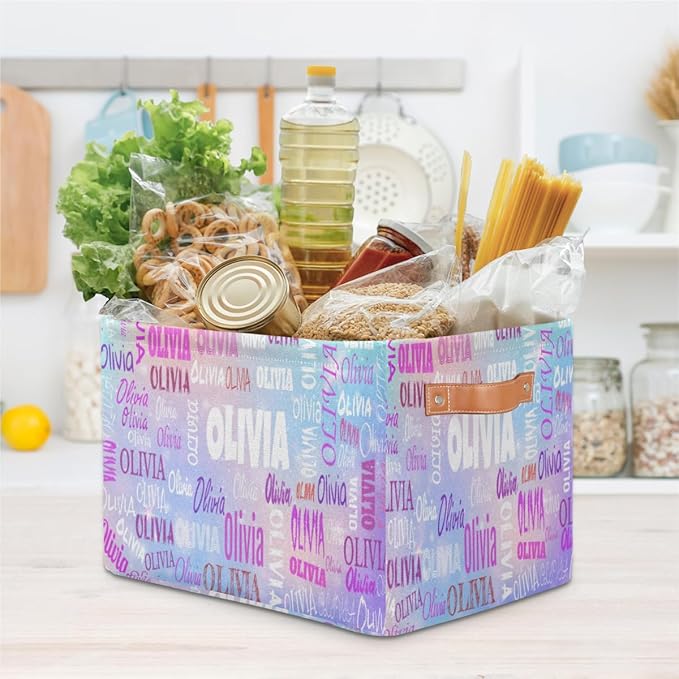 Personalized Storage Basket with Name, Rectangle Toys Storage Bin with Handles for Baby, Boys, Girls, Collapsible Basket for Clothes, Books, Light Blue Purple Colorful Galaxy