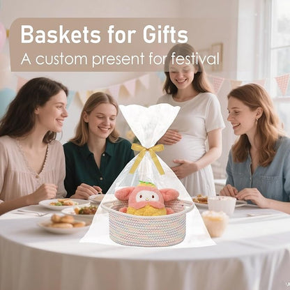 Woven Basket,Small Rope Storage Bin with Handles & Ribbon Bag, Organizer for Shelves Closets,Gift Basket Empty for Birthday,Books,Dog Toys, Colorful