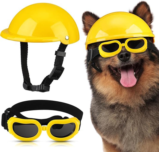Frienda Dog Helmet and Goggles, UV Protection Doggy Sunglasses and 4 Inch Padded Puppy Motorcycle Helmet Adorable Dog Goggles with Adjustable Belt for Small Dogs Puppy Riding(Yellow,M)