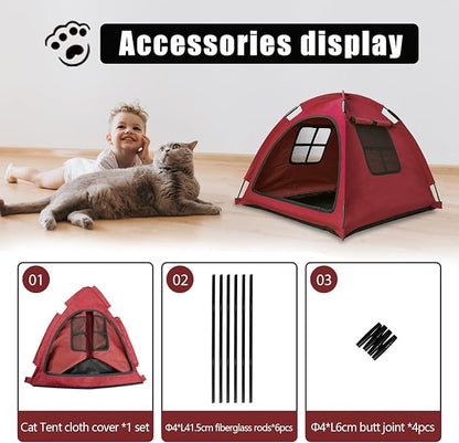 Open Design Pet Tent, Cozy Monitoring Bed for Cats & Puppies, Breathable Mesh Walls for Security & Ventilation, Indoor Outdoor Travel, Red