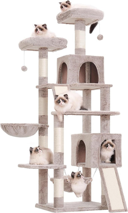 Gitelsnour Cat Tree for Indoor Cats, 71'' (180cm) Multi-Level Cat Tower for Large Adult, Sturdy Cat Tree House with 2 Scratching Boards 7 Posts, 2 Plush Perches/Condos, Hammock, Muchroom GCT032MU