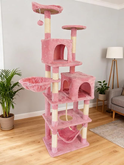 Cat Tree, 68-Inch Cat Tower for Indoor Cats, Plush Multi-Level Cat Condo with 7 Scratching Posts, 2 Perches, 2 Caves, Hammock (Pink)