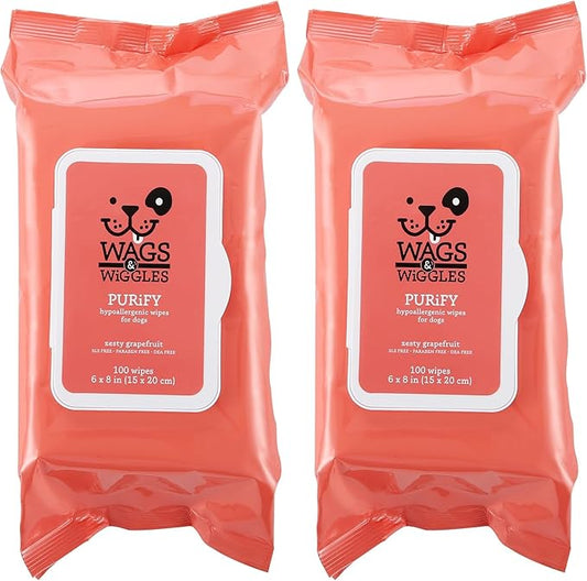 Wags & Wiggles Purify Hypoallergenic Dog Wipes for Sensitive Skin, Paw and Body Grooming Wipes with Gentle Plant Based Formula for Everyday Cleaning, Zesty Grapefruit Scent, 100 Count - 2 Pack