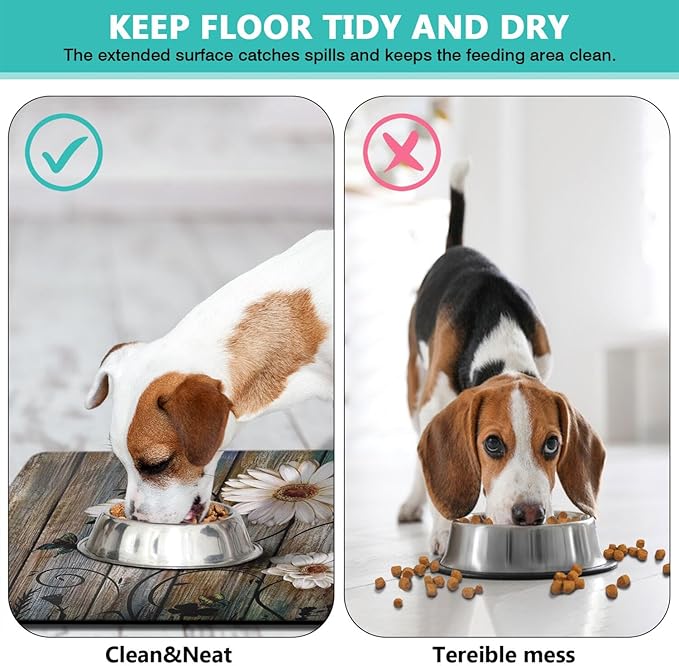 Dog Food Mats for Floors Absorbent, Cat Food Mat - Pet Cat Feeding Mat Quick Dry, Dog Bowl Mats for Water, Pet Supplies Feeding Placemat 12" x 20" Daisy