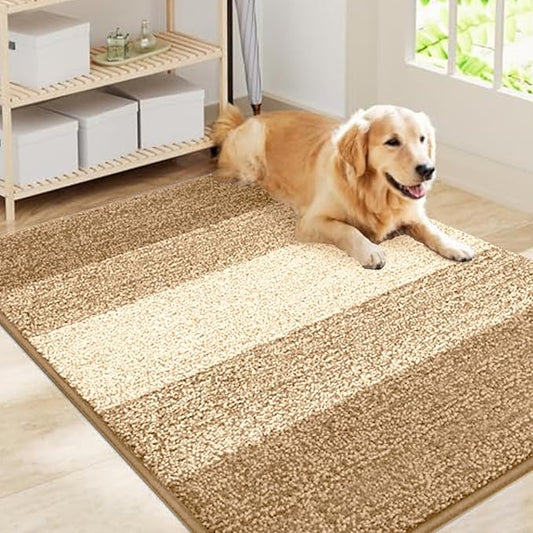 Smiry Dog Door Mat for Muddy Paws, Absorbs Moisture and Dirt, Low-Profile Entryway Mat with Non-Slip Backing, Entry Indoor Outdoor Doormat for Inside Floor (40x32 Inches, Camel, Striped)