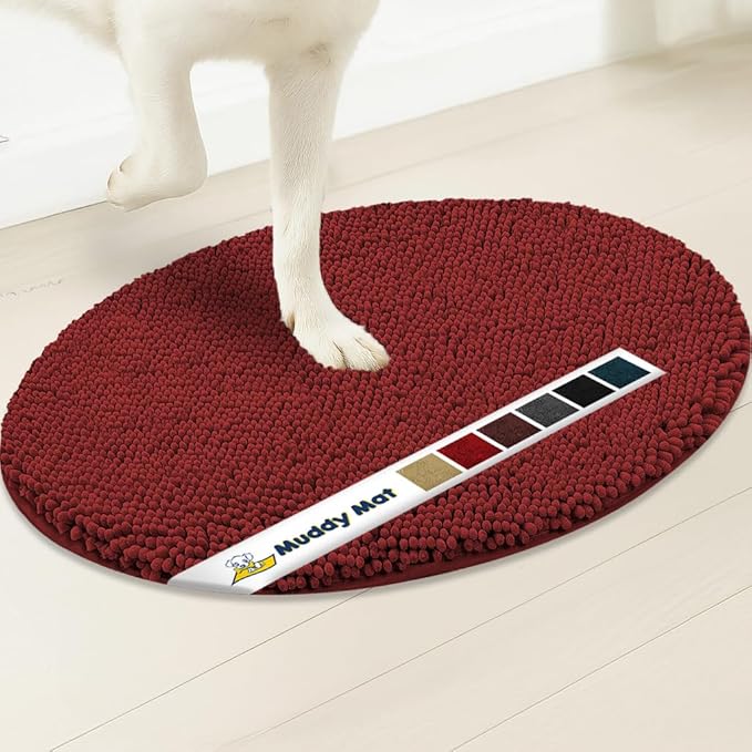 Muddy Mat® Shown on TV – Super Absorbent Microfiber Dog Door Mat for Muddy Paws, Non-Slip Washable Pet Rug, Quick Dry Chenille Entryway Carpet, Machine Washable Indoor Outdoor Mat, Red Oval 5ft x 7ft
