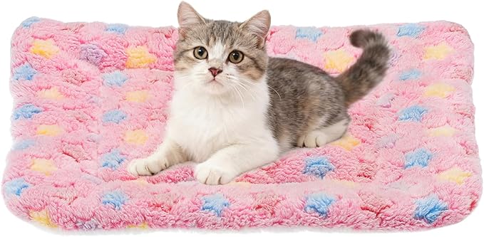 Dog Cat Bed Mat, Soft Coral Fleece Pet Cushion Pad with Cute Star Print, Warm Washable Pet Bed 13x10 Inches, (Pink), Intended for Medium Small Dog Cat