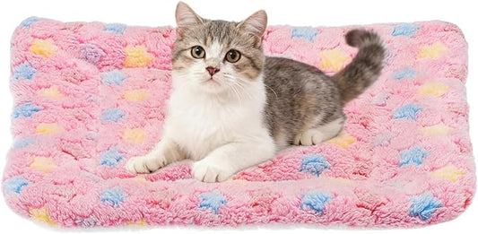 Dog Cat Bed Mat, Soft Coral Fleece Pet Cushion Pad with Cute Star Print, Warm Washable Pet Bed 13x10 Inches, (Pink), Intended for Medium Small Dog Cat