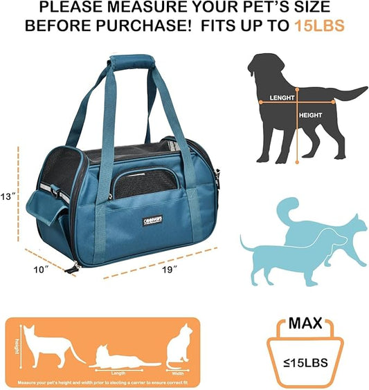 JESPET Soft-Sided Kennel Pet Carrier for Small Dogs, Cats, Puppy, Airline Approved Cat Carriers Dog Carrier Collapsible, Travel Handbag & Car Seat (Teal Blue, 19" L x 10" W x 13" H)