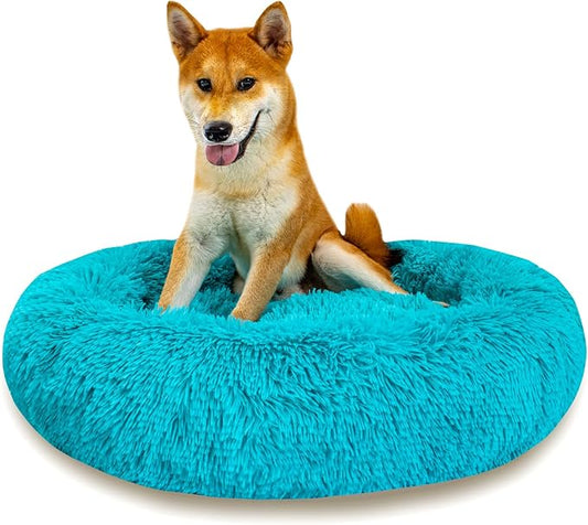 Calming Dog Bed for Medium Dogs Cats, Puppy 31'' Round Anti-Anxiety Warm Fluffy Plush Faux Fur Bed, Soft Anti-Slip Donut Washable, Cozy Medium Puppy Bed, Fits up to 50 lbs Pets