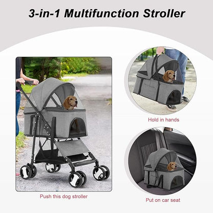 BestPet Pet Stroller Premium 3-in-1 Multifunction Dog Cat Jogger Stroller for Medium Small Dogs Cats with Folding Lightweight Travel & Detachable Carrier,Grey