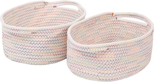 Woven Basket,Small Rope Storage Bin with Handles & Ribbon Bag, Organizer for Shelves Closets,Gift Basket Empty for Birthday,Books,Dog Toys, Colorful/2 Pack