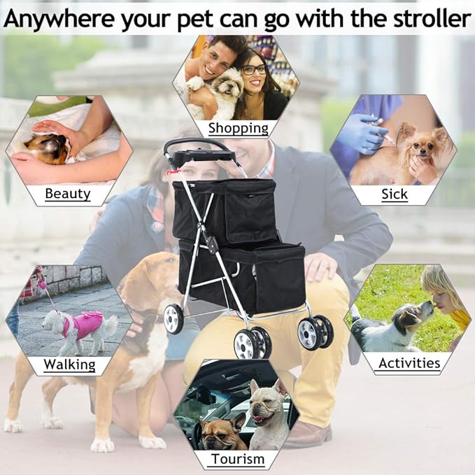 Double Dog Stroller Pet Stroller Cat Stroller for Small Medium Dogs Cats 2 Doggie Puppy or Two Kitty 4 Wheels Folding Travel Carrier Cage with Cup Holders 35LBS Capacity Pet Jogger Strolling Cart
