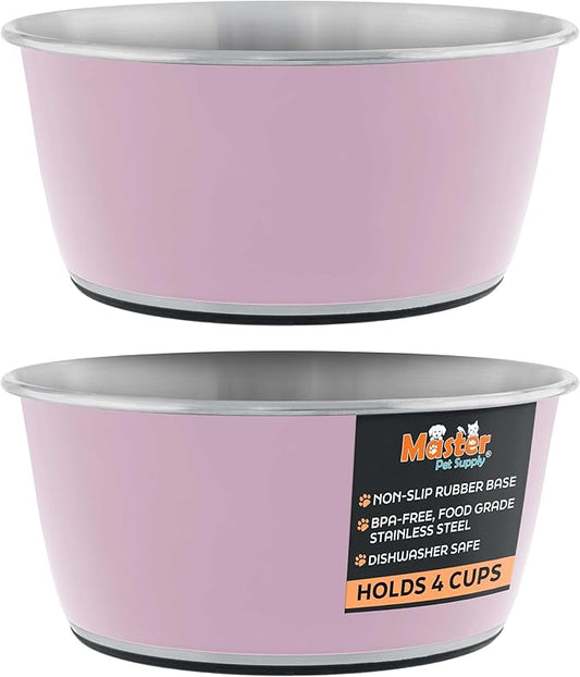 Master Pet Supply Stainless Steel Dog Bowls Set of 2 (32 Oz Each) with Non-Slip Rubber Base - Rose Quartz - Basic Dog Food Bowl Water & Food Bowls for Small Medium Large Dogs & Cats, Metal Dish