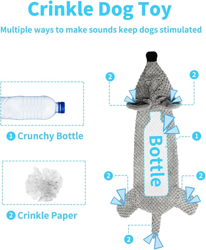 Dog Toys, Squeaky Plush No Stuffing Crinkle Dog Toy for Small Medium Large Dogs, [3 Pack] Interactive Puppy Teething Water Bottle Dog Chew Toy