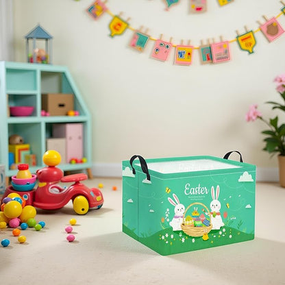 Rectangular Easter Basket for Home Kitchen Baby Girls Basket Cute Storage Bin Organizer Shelf Book Room Decor(Green Cute Bunny)