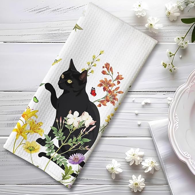 Cat Kitchen Towels - Quick-Dry Cat Hand Towels in Blooming Floral Tapestry, Contrast Art Dish Towel for Garden Pet Moms | Decorative Dish Towel & Verdant Home Accent, Floral Towel Gift