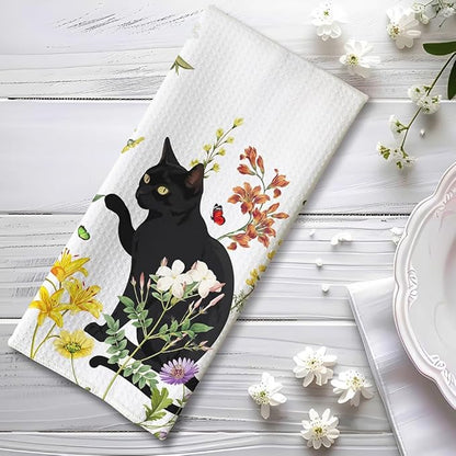 Cat Kitchen Towels - Quick-Dry Cat Hand Towels in Blooming Floral Tapestry, Contrast Art Dish Towel for Garden Pet Moms | Decorative Dish Towel & Verdant Home Accent, Floral Towel Gift