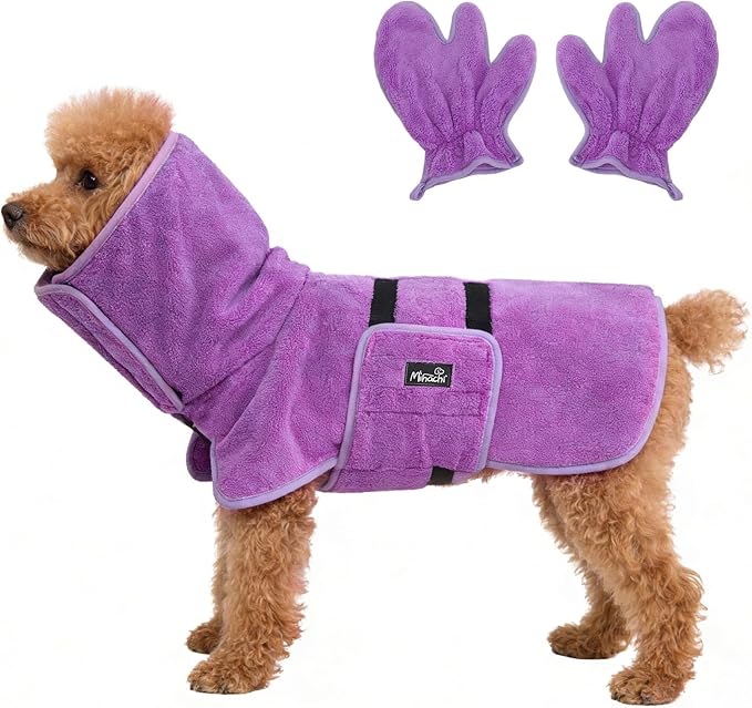 Mihachi Dog Bathrobe Towel Wrap Fast Drying with Drying Gloves Set, Super Absorbent Coral Fleece Dog Drying Coat Bath Robe for Puppy, Medium & Large Dogs, Adjustable Collar & Belly Strap, Purple M