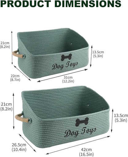 2 pack Woven Dog Toys Basket, 100% Cotton Rope Dog Toy Box for Living Room Area, Trapezoid Pet Toys Bin with Sturdy Handle, Puppy Bed, Green Baskets for Pet Toys/Collar/Leash/Blanket