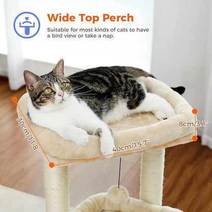 PEQULTI Cat Tree Cat Tower for Indoor Cats with Private Cozy Cat Condo, Natural Sisal Scratching Posts and Plush Pom-pom for Small Cats,Beige