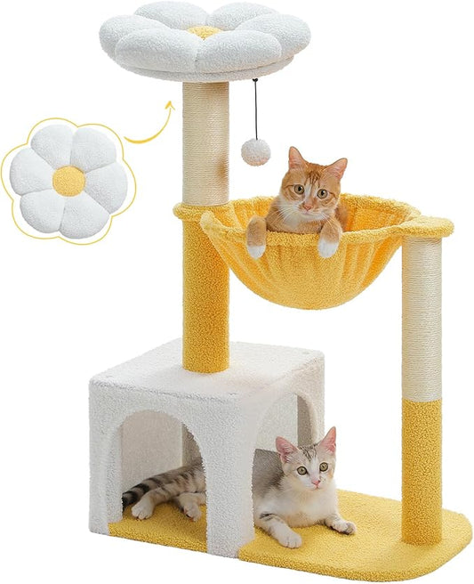 MUTTROS Cute Cat Tree with Flower Top Bed - Cloud Scratching Posts, 35" Small Cat Tower with Large Metal Frame Hammock for Indoor Cats, White Cat Condo for Kittens, Yellow