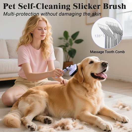 2PCS Self Cleaning Slicker Brush & Dog Comb - Skin Friendly Deshedding Grooming Tool for Dogs, Cats and Small Animals, Professional Deshedding Tool for Long and Short Haired Pets (Light Purple)
