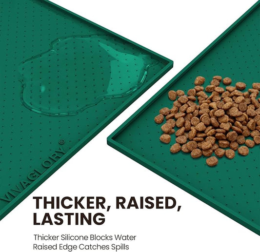VIVAGLORY Dog Bowl Mat Grippymat Pet Food Mat, Waterproof Washable Nonslip Silicone for Pet & Cat, Food and Water Placemat with Lip & Raised Edges for Indoor Floor, S, Deep Green