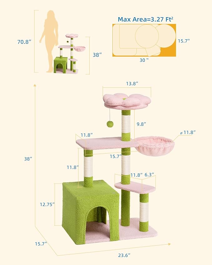 Aechonow Flower Cat Tree for Indoor Cats, 2-Door Large Cat Condo Cave Bed for Big Adult Cats, 41.2'' Cute Cat Tower with Scratching Posts, Cozy Floral Perch and Hammock for Kittens, Green Pink