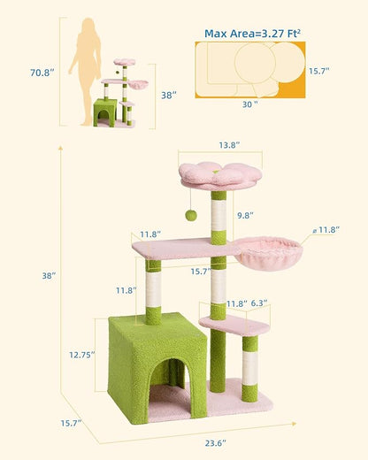 Aechonow Flower Cat Tree for Indoor Cats, 2-Door Large Cat Condo Cave Bed for Big Adult Cats, 41.2'' Cute Cat Tower with Scratching Posts, Cozy Floral Perch and Hammock for Kittens, Green Pink