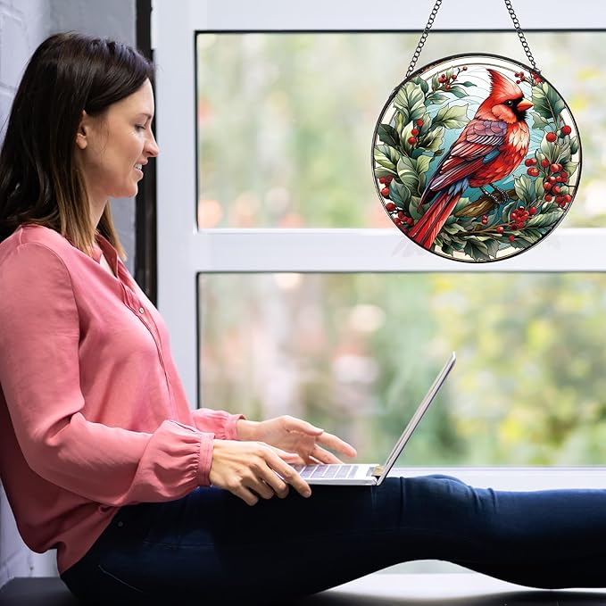 Cardinal Stained Glass Window Hanging Decor, 7.8″ Sun Catchers Stain Glass Window Hanging Indoor, Bird Suncatcher Home Wall Art Gift for Thanksgiving Christmas Housewarming