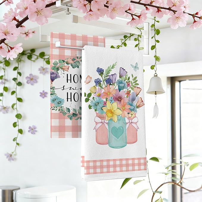 Spring Summer Floral Kitchen Dish Towels Set of 2, Home Sweet Home Floral Wreath Drying Hand Towel Baking Cooking Cloth, Pink Plaid Mason Jar Family Farmhouse Bathroom Decoration 18'' x 26''
