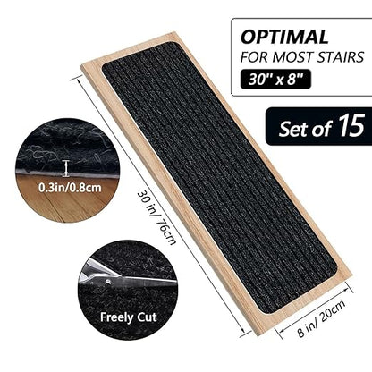 Non-Slip Stair Treads, 7.8" X 30" (15-Pack) Stair Runner Indoor Outdoor Mat, Black Slip Resistant Stair Tread Mats Step Covers Pads for Elders, Kids and Pets (30" x 7.8", Black)
