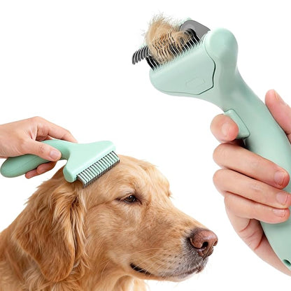 Pet Grooming Combo Tool for Cats and Dogs, Deshedding and Dematting Rake with Metal Comb forDetangling Long, Matted Fur (Green)
