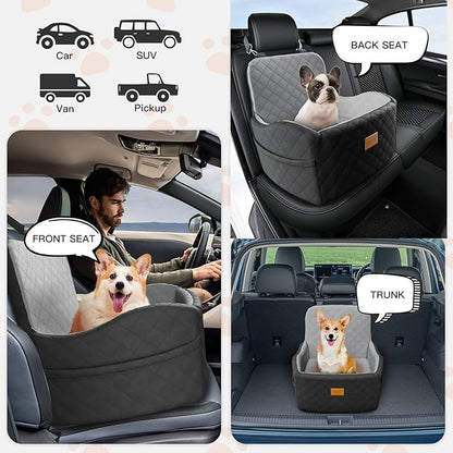 Dog Car Seat for Small/Medium Dogs Under 35lbs, Detachable & Washable Elevated Pet Travel Bed, 2 Storage Pockets & Safety Belt, Anti-Slip Base, Dog Booster Car Seat with Seamless Bottom Design