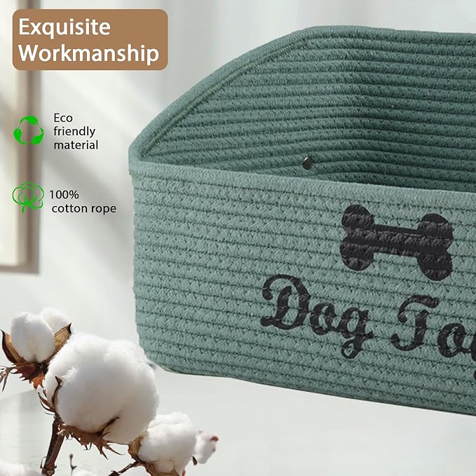 2 pack Woven Dog Toys Basket, 100% Cotton Rope Dog Toy Box for Living Room Area, Trapezoid Pet Toys Bin with Sturdy Handle, Puppy Bed, Green Baskets for Pet Toys/Collar/Leash/Blanket