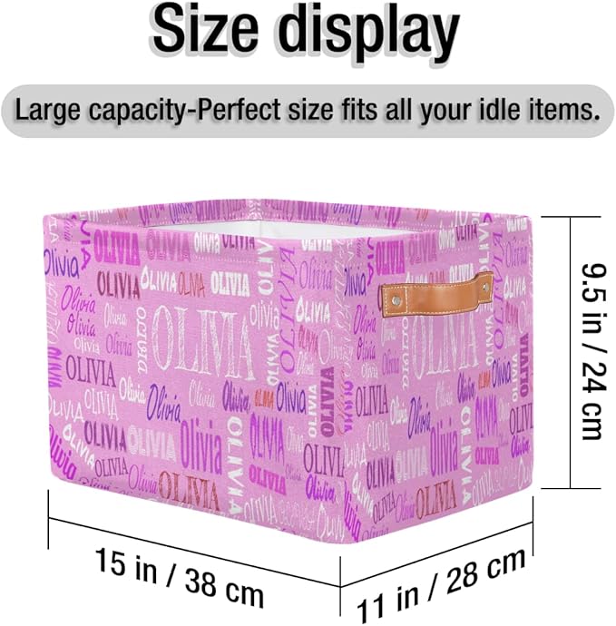 Personalized Storage Bins, Customized Name Storage Basket Rectangle Clothes Organizer for Organizing Kids and Pets Toys Shelf Closet, Pink Color Background