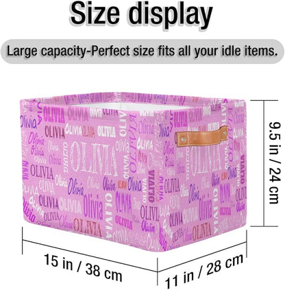 Personalized Storage Bins, Customized Name Storage Basket Rectangle Clothes Organizer for Organizing Kids and Pets Toys Shelf Closet, Pink Color Background