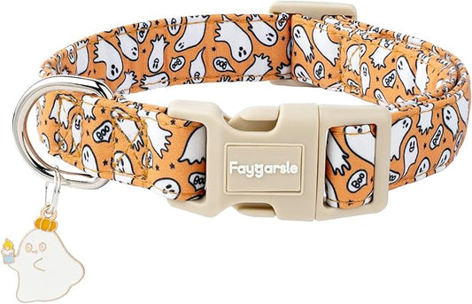 Faygarsle Halloween Ghost Pattern Dog Collar with Charm, Orange and White,for Small Medium Large Dogs XS