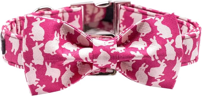 Maca Bates Easter Day Rabbit Dog Collar with Fancy Bow Tie for Medium Girl Boy Dogs, Pink Bunny Pattern,Adjustable Durable Soft Breakaway Collars for Male Female Puppy