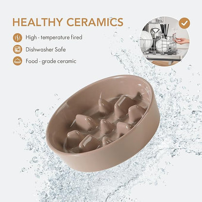 Ceramic 0.9 Cup Dog Bowl Slow Feeder, 6.1inch Slow Pet Food Dish for Small Dog and Cat, Stop Bloat, Preventing Choking(Single Bowl, Brown Coffee)