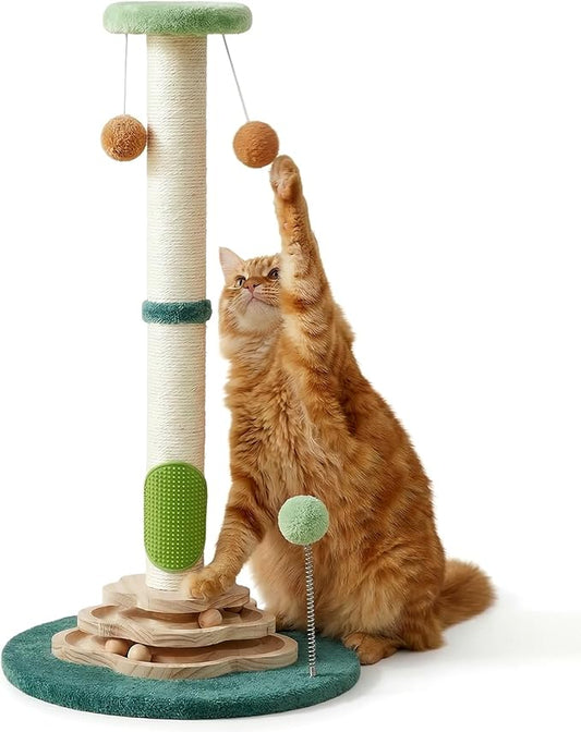 25.6inches Tall Cat Scratching Post, Cute Cat Scratching Post with Interactive Ball Two-Layer Track Spring Ball Toys and Self Groomer for Indoor Cats and Kittens Protect Your Furniture