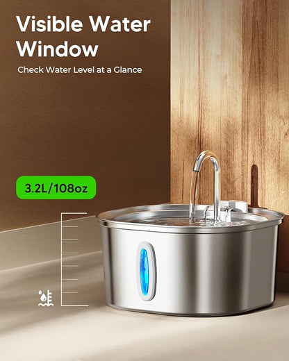 PEKTACO Stainless Steel Cat Water Fountain, 3.2L/108oz Cat Water Dispenser with Quiet Water Pump, Dishwasher Safe Pet Drinking Fountain for Cats