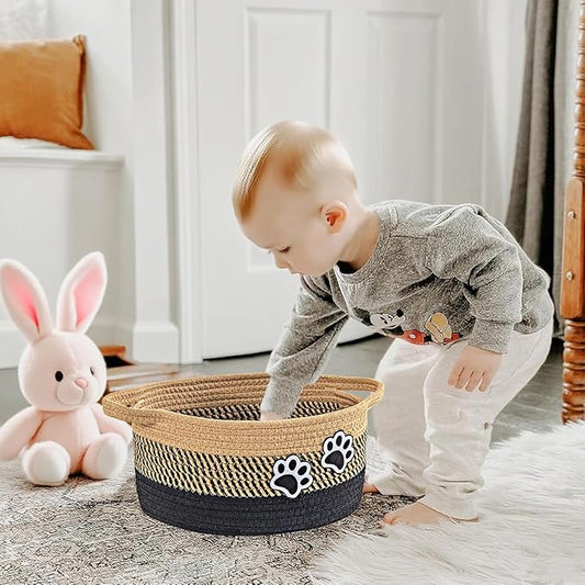 Small Woven Cotton Rope Nursery Organizer Bins, Dog Toy Basket Bins with Handle, Cute Empty Baby Gift Storage Baskets with Paw