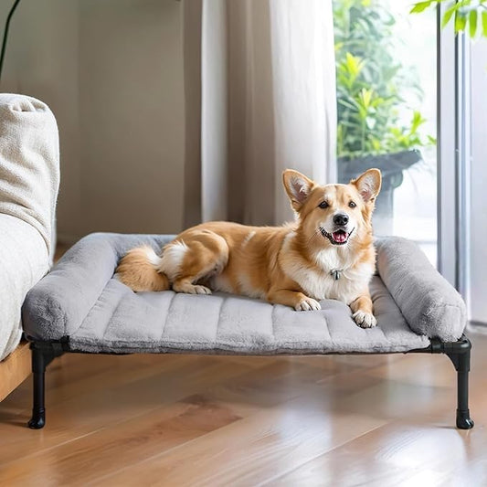 Veehoo Orthopedic Elevated Dog Bed with Fluffy Plush Bolster Cushion, Indoor Raised Dog Beds for Large Dogs, Soft Pet Sofa Cot with Removable Washable Mat, No-Slip Feet, 32 x 25 inches, Grey